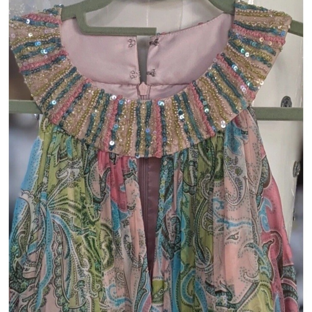 Cachet Women's Sz 6 Dress Pink & Green Blue Beaded Neckline Paisley Print - Picture 6 of 16